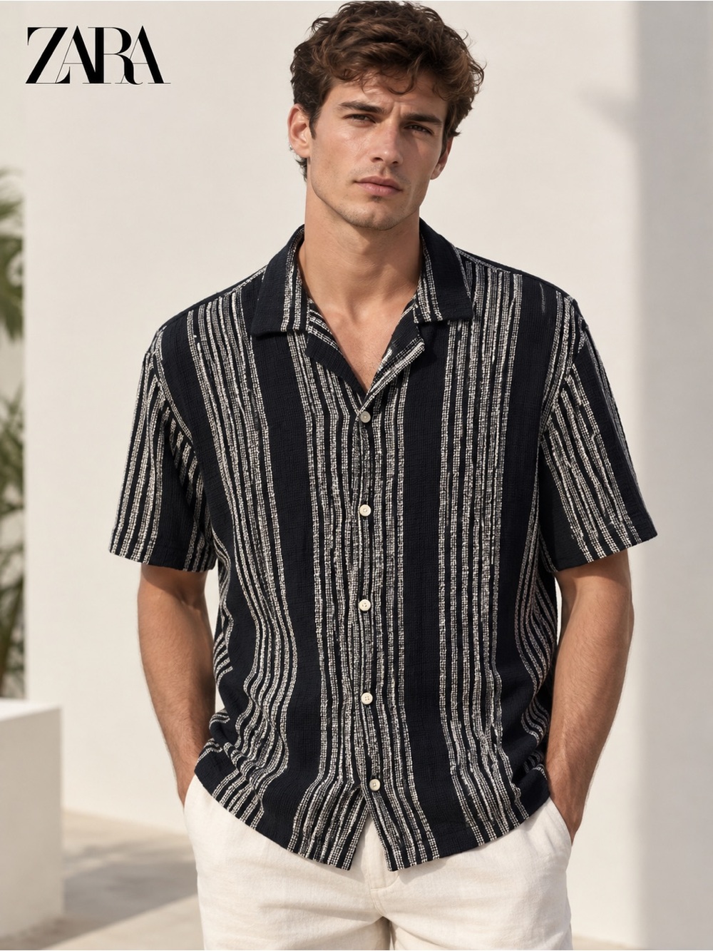 Zara Textured Striped Short Sleeve Button-Up Shirt